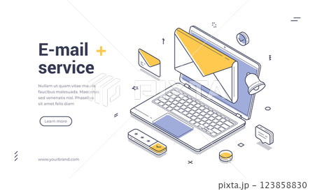 Email service web banner template with isometric design elements for communication 123858830
