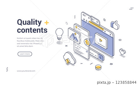 Engaging isometric web banner template for promoting quality content creation and services 123858844