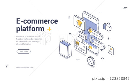 E-commerce platform banner template showcasing isometric design vector illustration 123858845