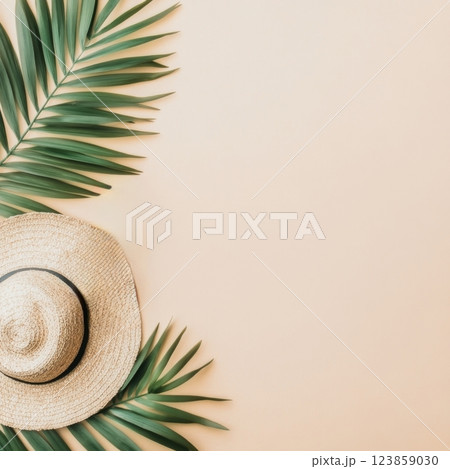 Straw Hat and Palm Leaves Flat Lay Straw Hat and Palm Leaves Flat Lay 123859030