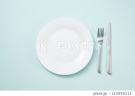 シンプルな白い皿とフォークとナイフ 123859111