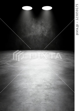 Empty Dark Room with Two Spotlights Illuminating Concrete Floor 123859175