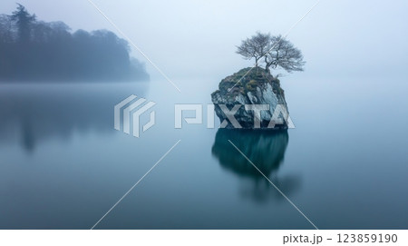 Lone tree on rocky island in misty lake 123859190