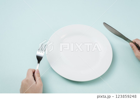 シンプルな白い皿とフォークとナイフを持つ女性の手 123859248