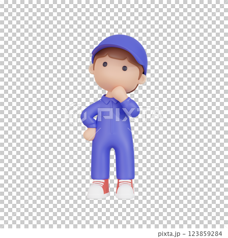 3DCG | A male worker wearing overalls and thinking 123859284