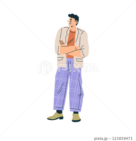 Man Character Stand with Folded Arm and Talk to Somebody Vector Illustration Man Character Stand with Folded Arm and Talk to Somebody Vector Illustration 123859471