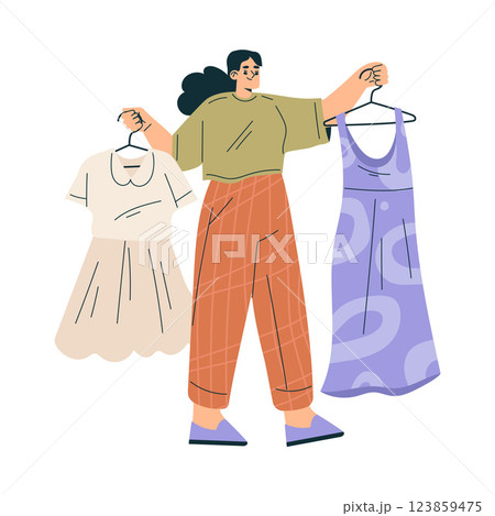 Weekend Market with Woman Character Buy Clothing Vector Illustration Weekend Market with Woman Character Buy Clothing Vector Illustration 123859475