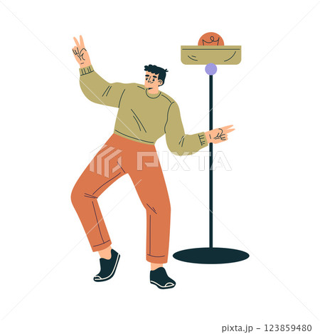 Man at Musical Festival Dancing Have Rest Vector Illustration 123859480