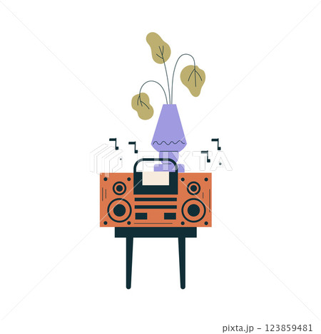 Tape Recorder Play Music Melody Stand on Stool Vector Illustration 123859481