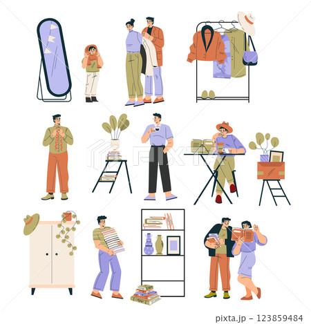 Weekend Market with Man and Woman Buy Goods Vector Set 123859484