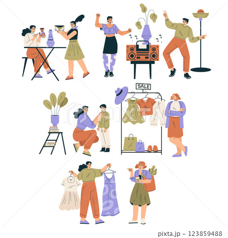 Weekend Market with Man and Woman Buy Goods Vector Set 123859488