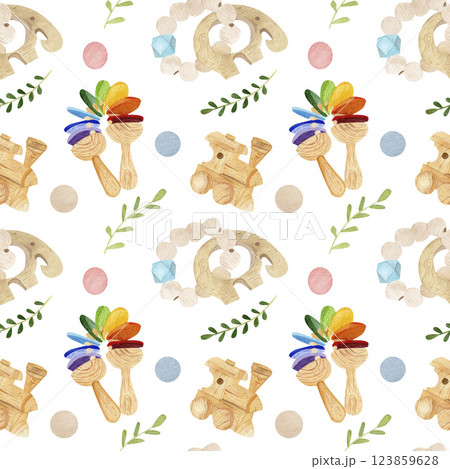 Watercolor seamless pattern with wooden children's toys: rattle, locomotive teething accessories elephant. White color background. Ideal for fabric, scrapbooking, printing, textiles and other ideas 123859628
