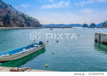 宮城県女川の小さな漁港 123859755