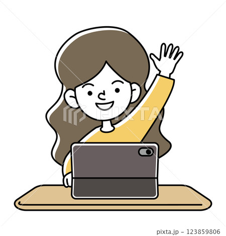 タブレット端末で学習をする笑顔の子供のベクターイラスト 123859806