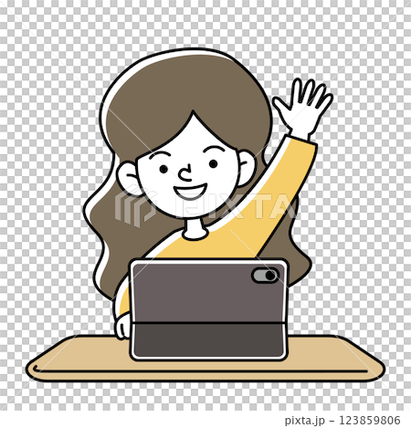 タブレット端末で学習をする笑顔の子供のベクターイラスト 123859806