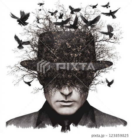 Man with Trees and Birds in Hat 123859825