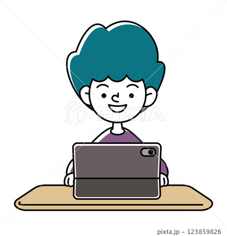 タブレット端末で学習をする笑顔の子供のベクターイラスト 123859826