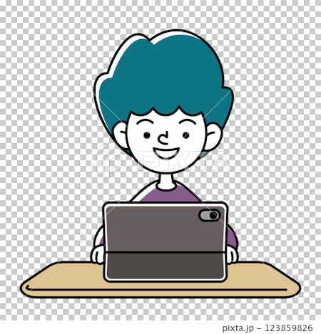 タブレット端末で学習をする笑顔の子供のベクターイラスト 123859826