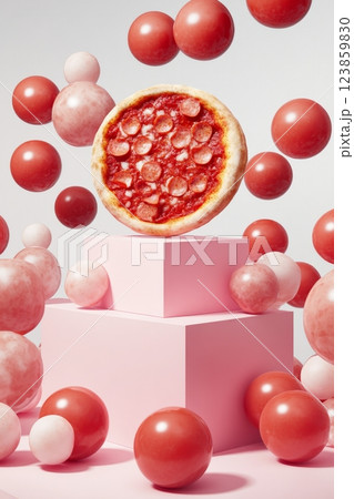 Pizza on Pink Blocks with Spheres 123859830