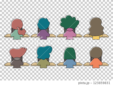 Vector illustration of a back view of children studying on a tablet device 123859831