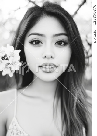 A Woman's Face with Flowers in Black and White 123859876