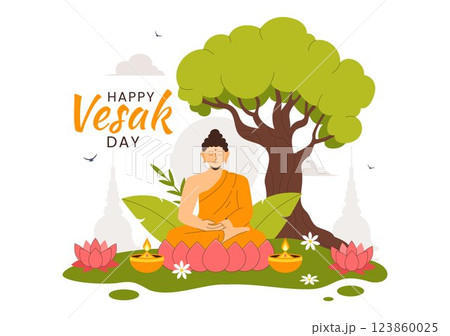 Happy Vesak Day Celebration Vector Illustration Featuring a Temple Silhouette, Lotus Flower, Lanterns, and Buddha's Meditation in a Flat Background Happy Vesak Day Celebration Vector Illustration Featuring a Temple Silhouette, Lotus Flower, Lanterns, and Buddha's Meditation in a Flat Background 123860025