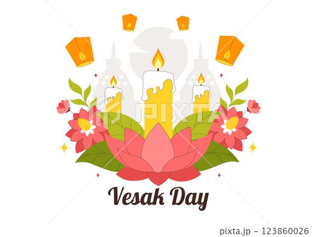 Happy Vesak Day Celebration Vector Illustration Featuring a Temple Silhouette, Lotus Flower, Lanterns, and Buddha's Meditation in a Flat Background Happy Vesak Day Celebration Vector Illustration Featuring a Temple Silhouette, Lotus Flower, Lanterns, and Buddha's Meditation in a Flat Background 123860026