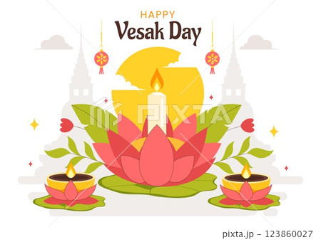 Happy Vesak Day Celebration Vector Illustration Featuring a Temple Silhouette, Lotus Flower, Lanterns, and Buddha's Meditation in a Flat Background 123860027