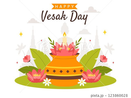 Happy Vesak Day Celebration Vector Illustration Featuring a Temple Silhouette, Lotus Flower, Lanterns, and Buddha's Meditation in a Flat Background 123860028