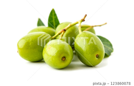 Fresh green olives with leaves isolated on white background isolated closeup healthy organic food Mediterranean nature snack cooking diet Fresh green olives with leaves isolated on white background isolated closeup healthy organic food Mediterranean nature snack cooking diet 123860078