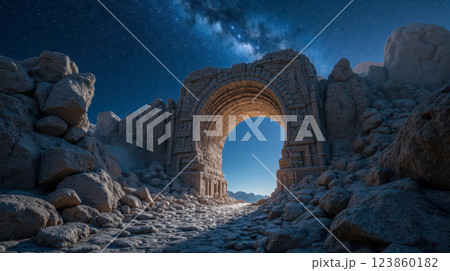 Ancient stone arch in desert night scene under starry sky with Milky Way glowing brightly, surrounded by rocky landscape creating mysterious atmosphere 123860182