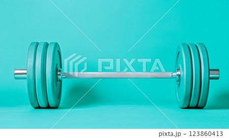 Blue barbell on a blue background 123860413