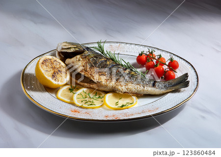 Grilled Fish Garnished with Lemon and Herbs 123860484