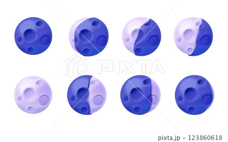 3d moon phases. Lunar calendar, luna crescent eclipse half full new month phase astronomy system infographic moonphase moonlight shape night sky stages, exact vector illustration 3d moon phases. Lunar calendar, luna crescent eclipse half full new month phase astronomy system infographic moonphase moonlight shape night sky stages, exact vector illustration 123860618
