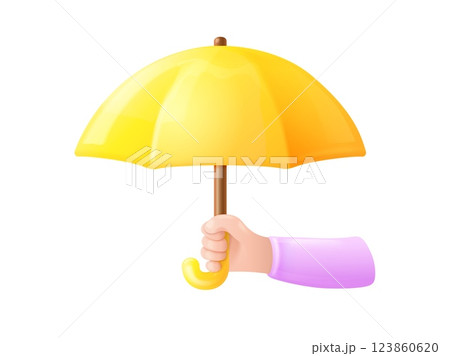 3d umbrella in hand. Man hands hold parasol, rain storm wet weather or Insurance coverage concept rainy water protection safety umbrellas shield, render exact vector illustration 123860620