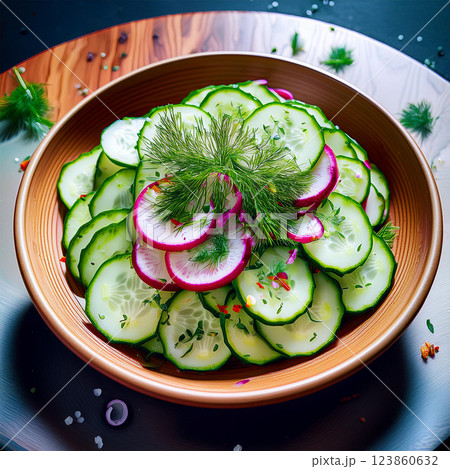 Fresh Salad with Cucumbers and Radishes 123860632