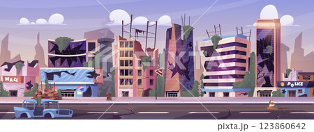 Ruined city. War zone destroy, abandoned damaged buildings broken houses after earthquake collapse disaster post apocalypse cartoon game background, swanky vector illustration 123860642