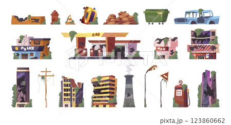 Post apocalypse. Apocalyptic infrastructure destroyed city landscape cartoon game elements, abandoned building collapse damaged house after disaster war, swanky vector illustration 123860662