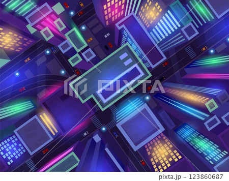 Night street top view. Dark city buildings skyscraper roof above road intersection urban district map crossroad down town car traffic cartoon background, swanky vector illustration Night street top view. Dark city buildings skyscraper roof above road intersection urban district map crossroad down town car traffic cartoon background, swanky vector illustration 123860687