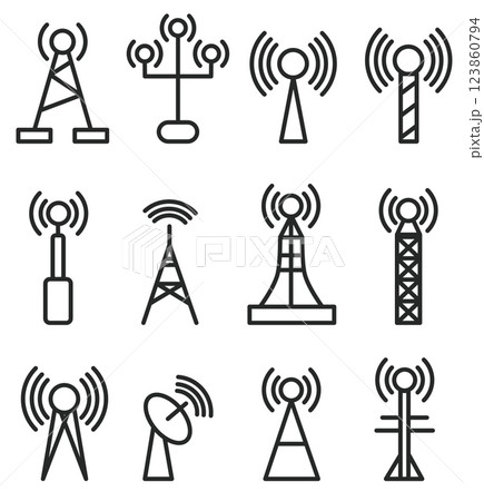 Telecom towers icons. Radio antenna cellular mast line icon telecommunication company logo, network base transmitter aerial phone signal 4g 5g satellite neat vector illustration 123860794