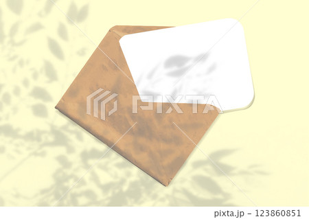 A mock-up with shadows from the foliage of a tree on an envelope on a yellow background. 123860851