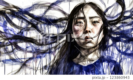 Southeast asian woman expressing depression and melancholy through art 123860943