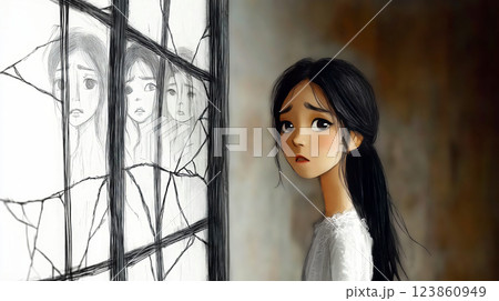 Southeast asian girl feeling sad and looking at broken window Southeast asian girl feeling sad and looking at broken window 123860949