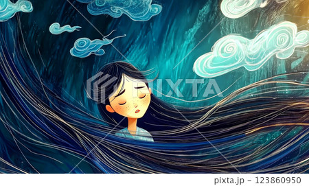 Young asian woman feeling depressed and melancholic with long hair Young asian woman feeling depressed and melancholic with long hair 123860950