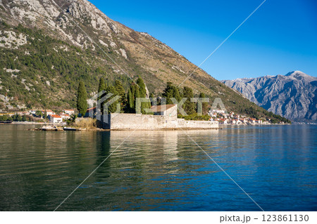 View from water of St. George Island near town Perast, Kotor bay, Montenegro View from water of St. George Island near town Perast, Kotor bay, Montenegro 123861130