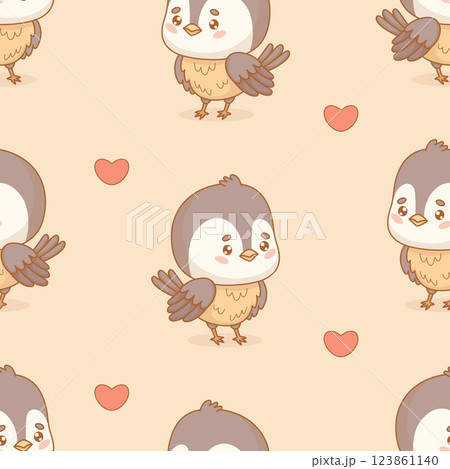 Seamless pattern. Cute little bird tit on beige background with hearts. Funny kawaii character chickadee template. Vector illustration. Kids collection 123861140