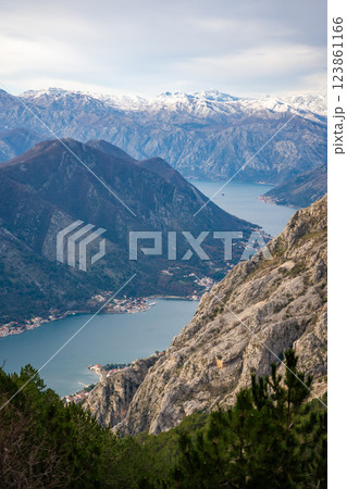 Panoramic view of Kotor Bay Boca and mountains from mountain view point in Montenegro in winter time 123861166