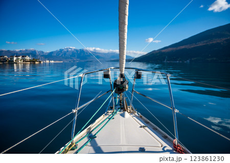 Yacht sailing in Adriatic sea. Close-up view of the deck, mast and sails. Yachting concept 123861230