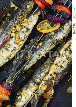 Grilled Fish Skewers, Food Background. Grilled Fish Skewers, Food Background. 123861259