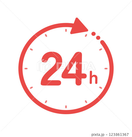24hの文字と回転する矢印が付いた赤いアイコン - シンプルな24時間のイメージ素材 24hの文字と回転する矢印が付いた赤いアイコン - シンプルな24時間のイメージ素材 123861367